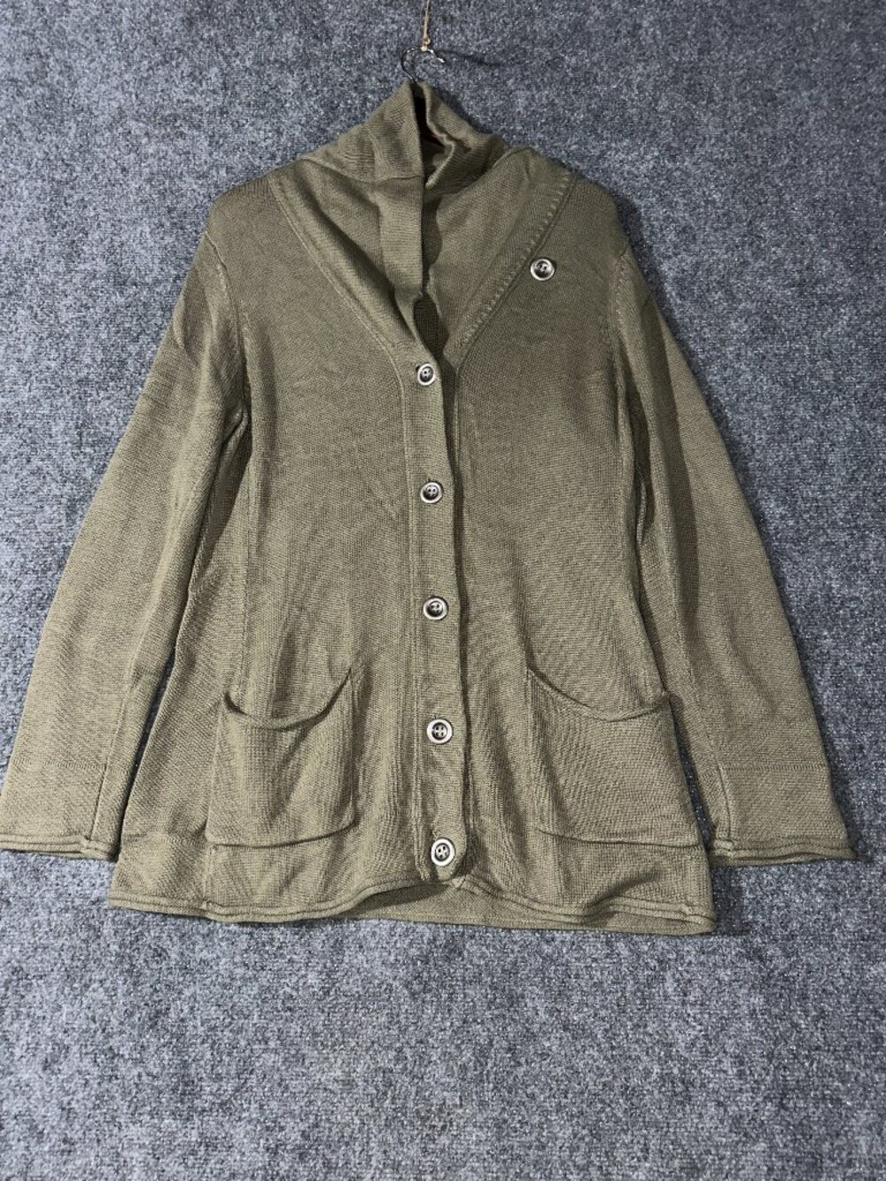 J Jill Sweater Womens Medium Green Cardigan Long Sleeve BUtton Up Collar Pockets
